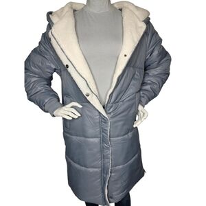 Grace & Lace Longline Hooded Sherpa Puffer Silver Blue Large NWT